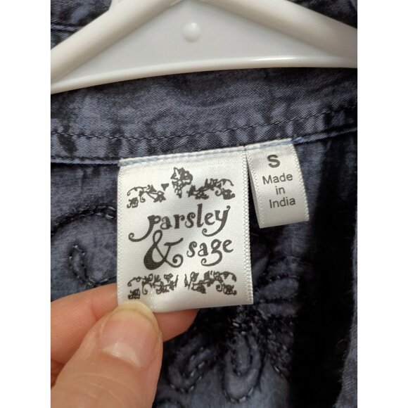 Parsley & Sage BOHO Top Womens Small Blue Chambray Embroidered Wearable Art - Picture 5 of 11